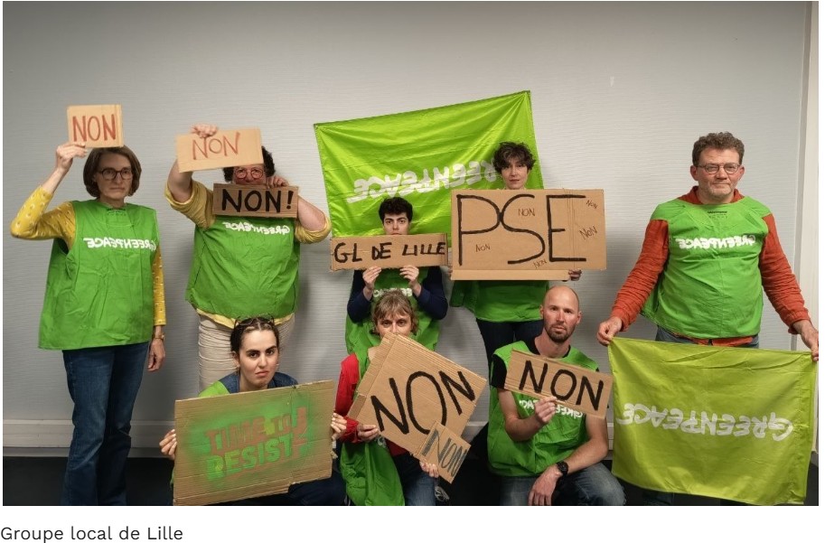 photo de 8 militant-es avec des gilets et drapeaux greenpeace à l'envers et des panneaux "non, non au pse, time to resist"